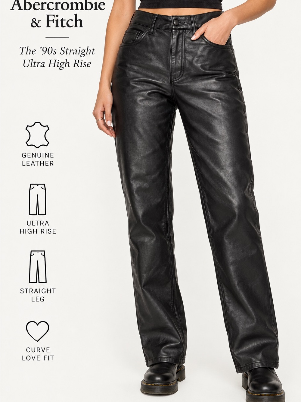 Abercrombie & Fitch Curve Love 90s Straight Genuine Leather Pants Black 26/2S